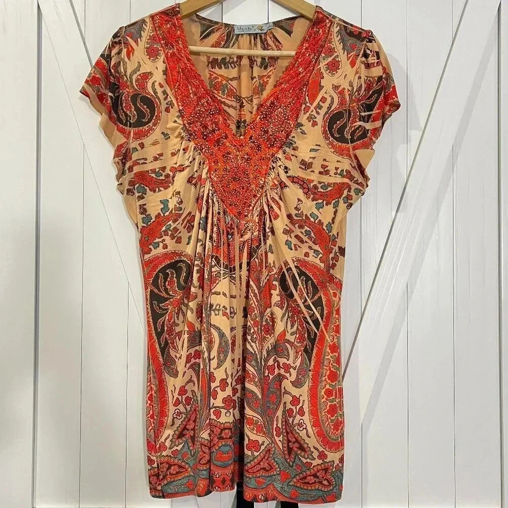 Unity Paisley Red Embroidered Embellished Blouse Large Y2k Fairy Grunge Boho